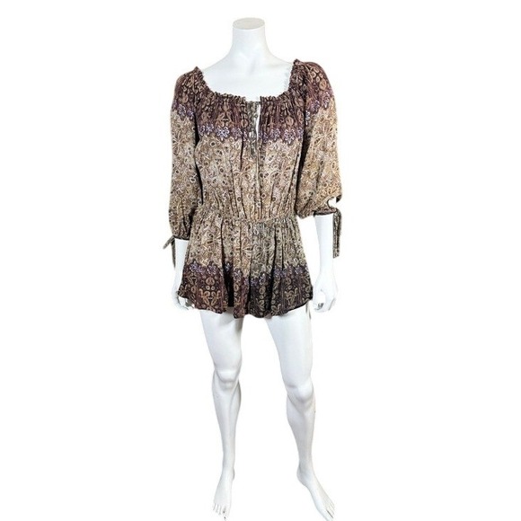 Free People Pants - Free People Brown Paisley Floral Boho Romper 3/4 Sleeve Tie‎ Cuff Small
